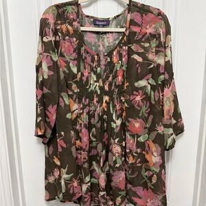Roaman's Women's Plus 18W Floral Pleated 3/4 Sleeve Tara Blouse